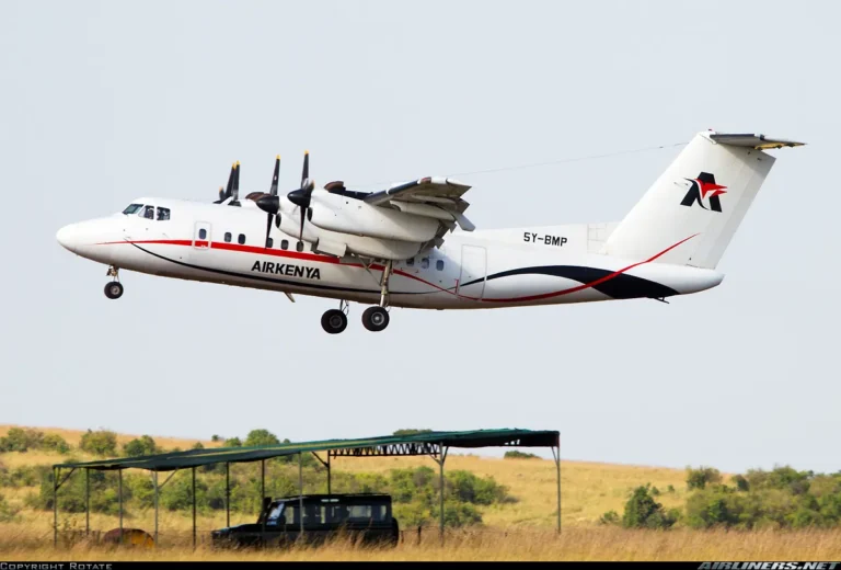 Air Kenya flight taking off at Serena airstrip